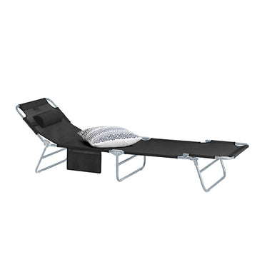 Verstelbare Ligstoel - Strandligstoel - Tuinligstoel - Opvouwbare, ademende stof, met kussen en zijvak - Zwart - 195 cm x 58 cm x 63 cm
