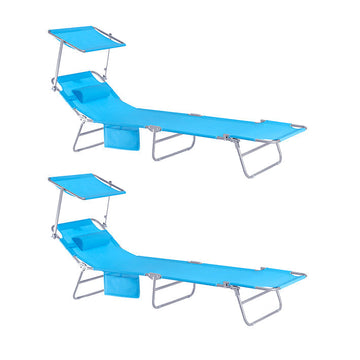 Verstelbare ligstoel met luifel - Tuinligstoel - Strandstoel - Duurzaam metalen frame - Synthetische vezelstof - Opvouwbaar en draagbaar - 195 cm x 90 cm x 63 cm