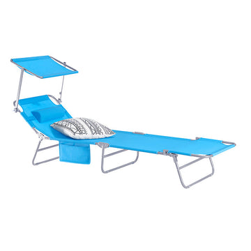 Verstelbare ligstoel met luifel - Tuinligstoel - Opvouwbare strandstoel - Duurzaam metalen frame - Synthetische vezelstof - Opbergvak - 195 cm x 90 cm x 63 cm