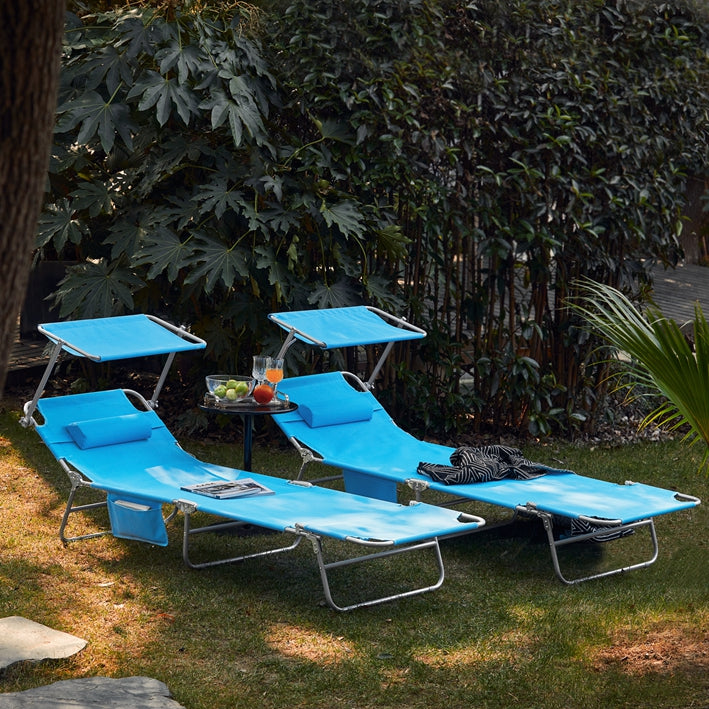 Verstelbare ligstoel met luifel - Tuinligstoel - Strandstoel - Duurzaam metalen frame - Synthetische vezelstof - Opvouwbaar en draagbaar - 195 cm x 90 cm x 63 cm