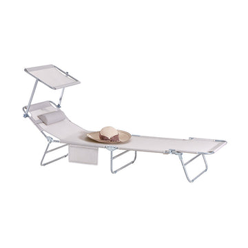 Verstelbare ligstoel met luifel - Tuinligstoel - Strandligstoel - Duurzaam metalen frame - Synthetische vezelstof - Opbergvak - 195 cm x 90 cm x 63 cm