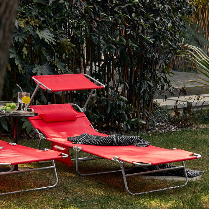 Verstelbare ligstoel met luifel - Tuinligstoel - Strandligstoel - Duurzaam metalen frame - Synthetische vezelstof - Multi-positie - Opbergvak - 195 cm x 90 cm x 63 cm