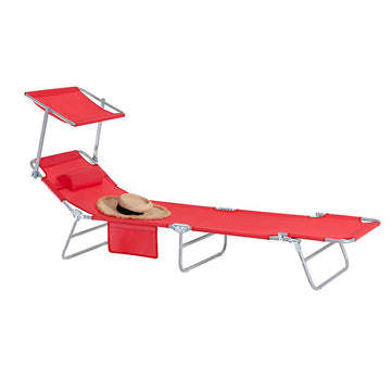 Verstelbare ligstoel met luifel - Tuinligstoel - Strandligstoel - Duurzaam metalen frame - Synthetische vezelstof - Multi-positie - Opbergvak - 195 cm x 90 cm x 63 cm