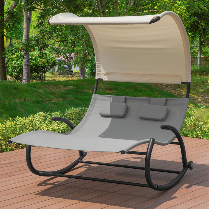 Double Rocking Lounger - Ligstoel met wielen - Tuinbed met zonnekap - Duurzaam metalen frame - Waterafstotende synthetische vezels - Gemakkelijk schoon te maken - 140 cm x 180 cm x 184 cm