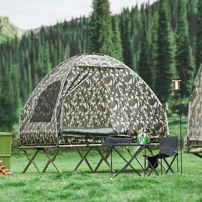 4-in-1 kampeertentbundel voor 2 personen - Pop-up tent - Kampeerbed met ligstoel - Duurzaam Oxford Nylon - Waterdicht - Eenvoudige montage - 193 cm x 188 cm x 145 cm - Camouflagekleur