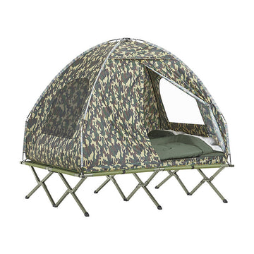 4-in-1 kampeertentbundel voor 2 personen - Pop-up tent - Kampeerbed met ligstoel - Duurzaam Oxford Nylon - Waterdicht - Eenvoudige montage - 193 cm x 188 cm x 145 cm - Camouflagekleur