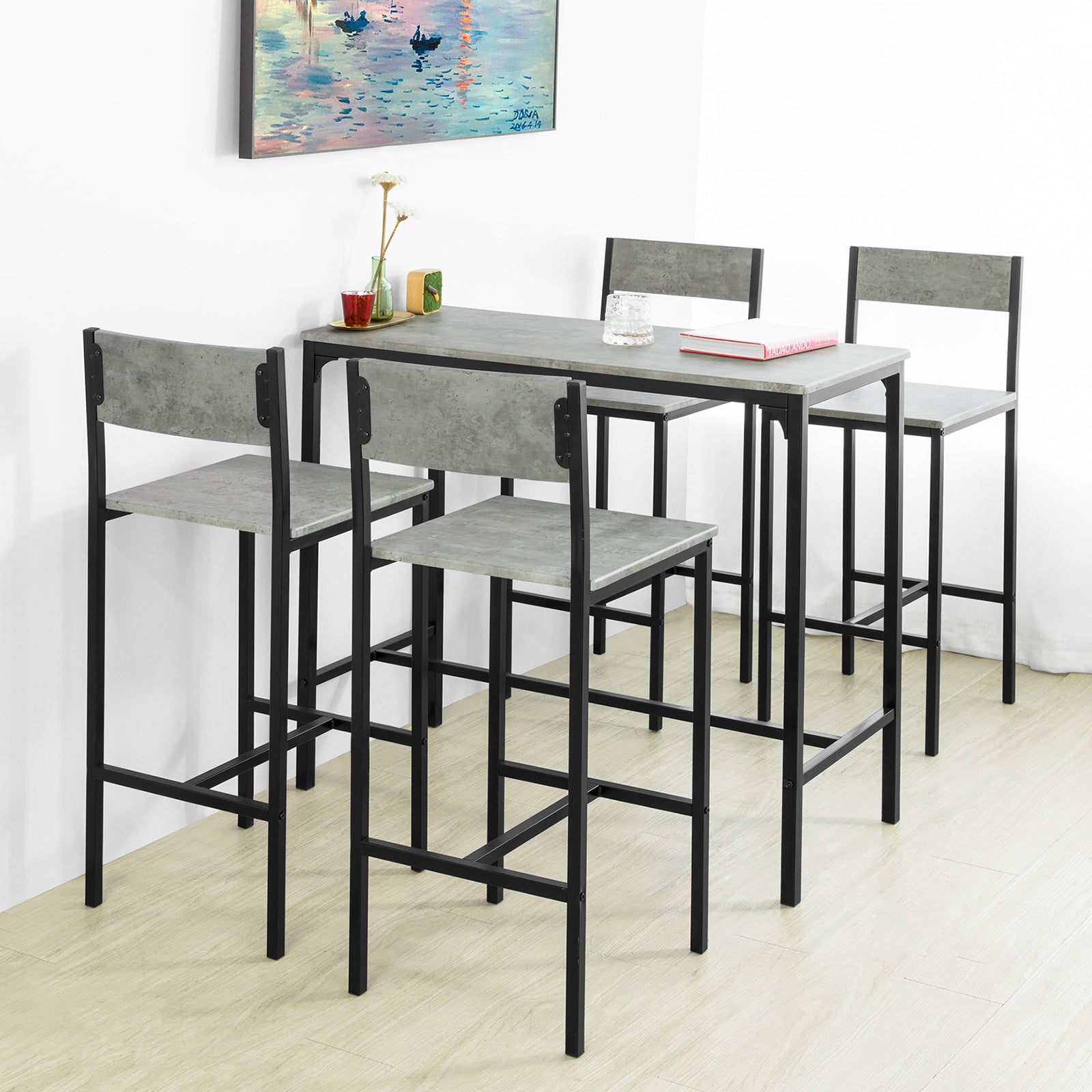 5-delige bartafelset - keukeneetset - tuinmeubelen - duurzaam MDF en PVC blad - stevig metalen frame - tafel 100 cm x 87 cm x 45 cm, krukken 39 cm x 95 cm x 41 cm