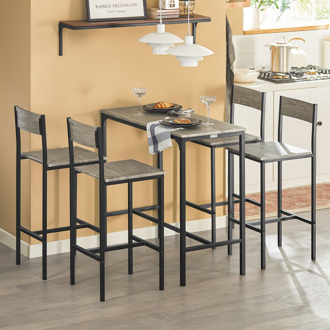 5-delige bartafelset - keukeneetset - tuinmeubelen - duurzaam MDF en PVC blad - stevig metalen frame - tafel 100 cm x 87 cm x 45 cm, krukken 39 cm x 95 cm x 41 cm
