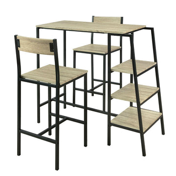 3-delige bartafelset - barkrukken - eetset - MDF fineerblad - metalen frame - opbergplanken - 110 cm x 100 cm x 45 cm