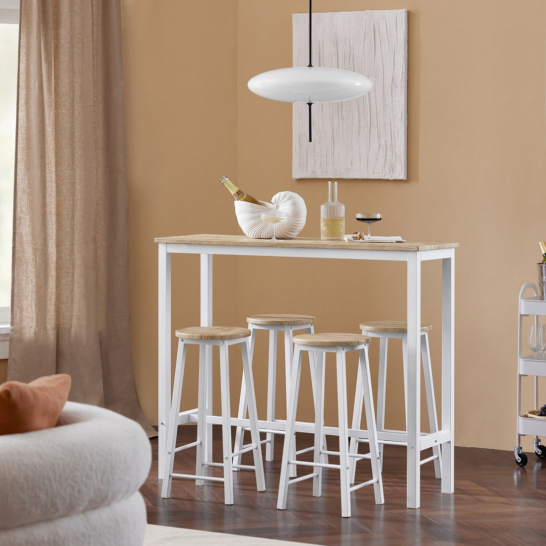 5-delige bartafelset met 4 krukken - eetset - ontbijttafel - stevig metalen frame - hoog draagvermogen - ideaal voor keuken, eetkamer, tuin - wit-natuur - 120 cm x 100 cm x 40 cm