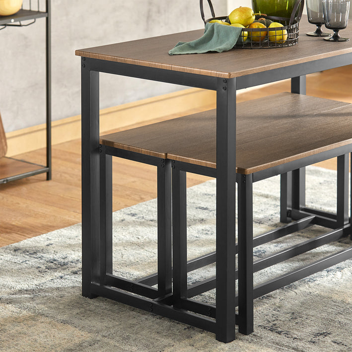 3-delige eetset - zitgroep - keukentafelset - ruimtebesparend ontwerp - tafelblad van MDF fineer - stevig metalen frame - tafel: 110 cm x 74 cm x 58 cm, bank: 95 cm x 46 cm x 29 cm