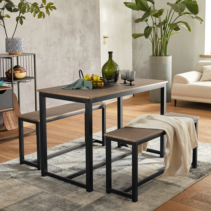 3-delige eetset - zitgroep - keukentafelset - ruimtebesparend ontwerp - tafelblad van MDF fineer - stevig metalen frame - tafel: 110 cm x 74 cm x 58 cm, bank: 95 cm x 46 cm x 29 cm