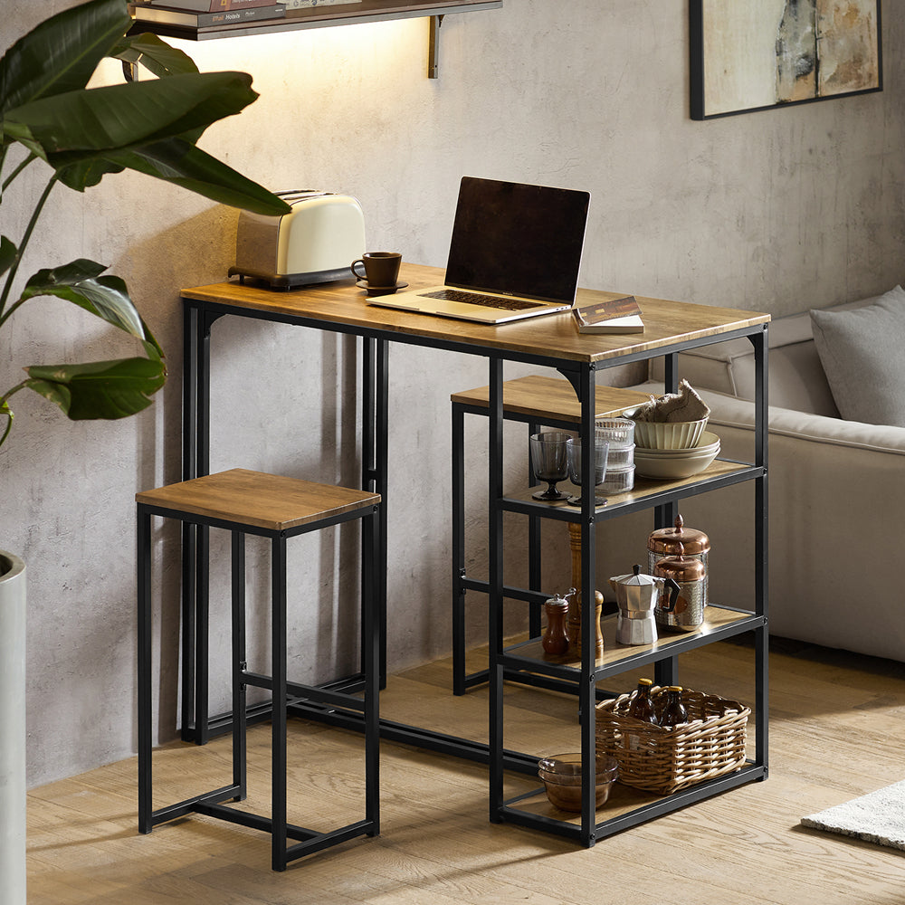 3-delige bartafelset - bartafel met 2 stoelen - eetset - MDF tafelblad met PVC - metalen frame - ruimtebesparende opbergplanken - ideaal voor keuken, eetkamer, tuin - 110 cm x 97 cm x 61 cm