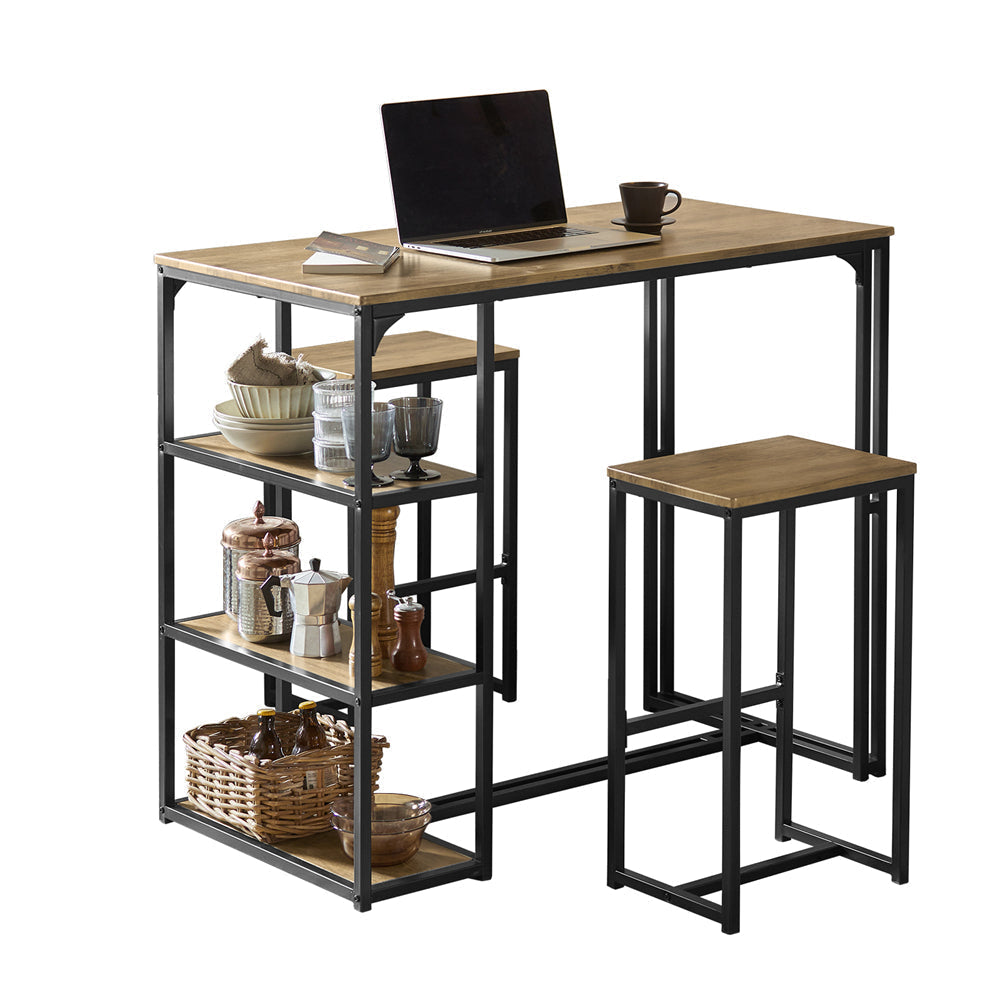 3-delige bartafelset - bartafel met 2 stoelen - eetset - MDF tafelblad met PVC - metalen frame - ruimtebesparende opbergplanken - ideaal voor keuken, eetkamer, tuin - 110 cm x 97 cm x 61 cm