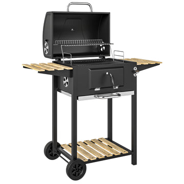 Houtskoolgrill met deksel en verstelbare kolenbak | Kleur: Zwart | Afmetingen: 58x112x107 cm