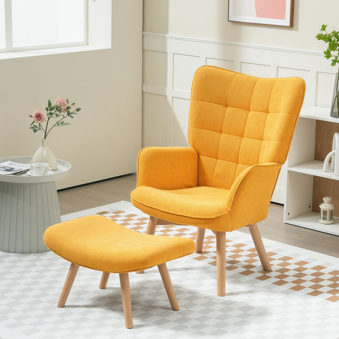 Cord-Sessel mit Fußhocker | Farbe: Gelb | Abmessungen: 80x72x101 cm