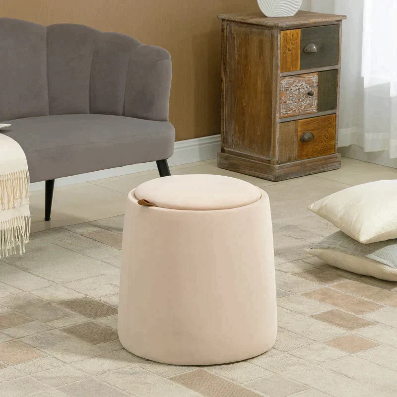 Ronde opbergpoef met dienblad | Kleur: Beige | Afmetingen: 44x44x47.5 cm