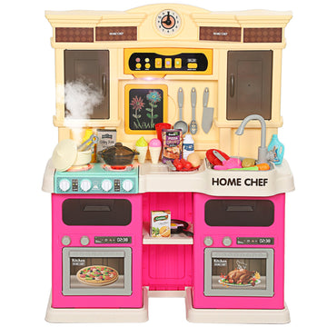 Speelkeuken met elektrische kraan, 85 accessoires | Kleur: Roze, Geel | Afmetingen: 24x66x83 cm