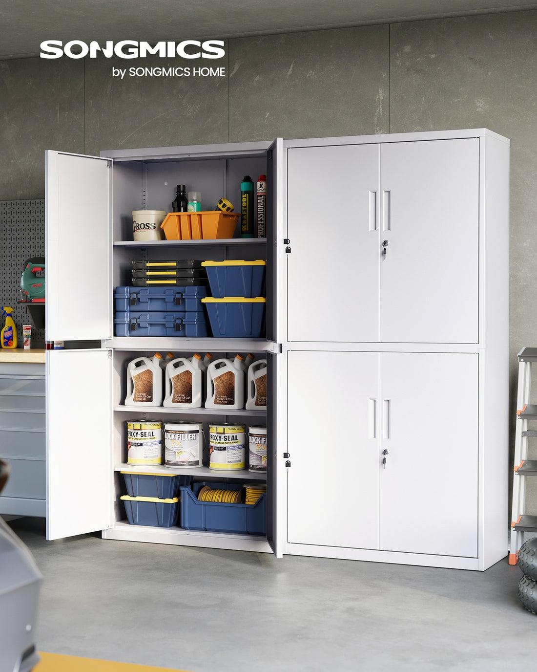 Aktenschrank mit 4 Türen und 5 Fächern | Mattweiß | 80x40x180 cm