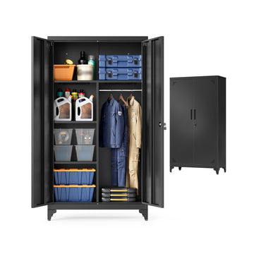 Multifunctionele kast met 2 deuren en 5 vakken | Mat zwart | 80x40x165 cm