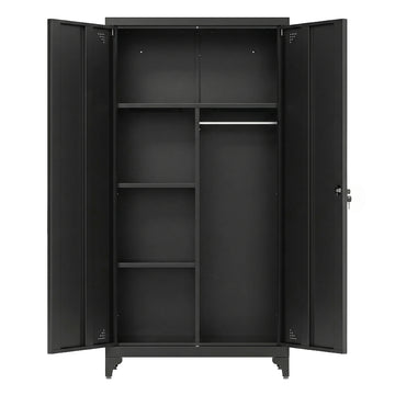 Metalen garderobekast met kledingstang, 2 deuren, 5 vakken | Zwart | 80x40x165 cm