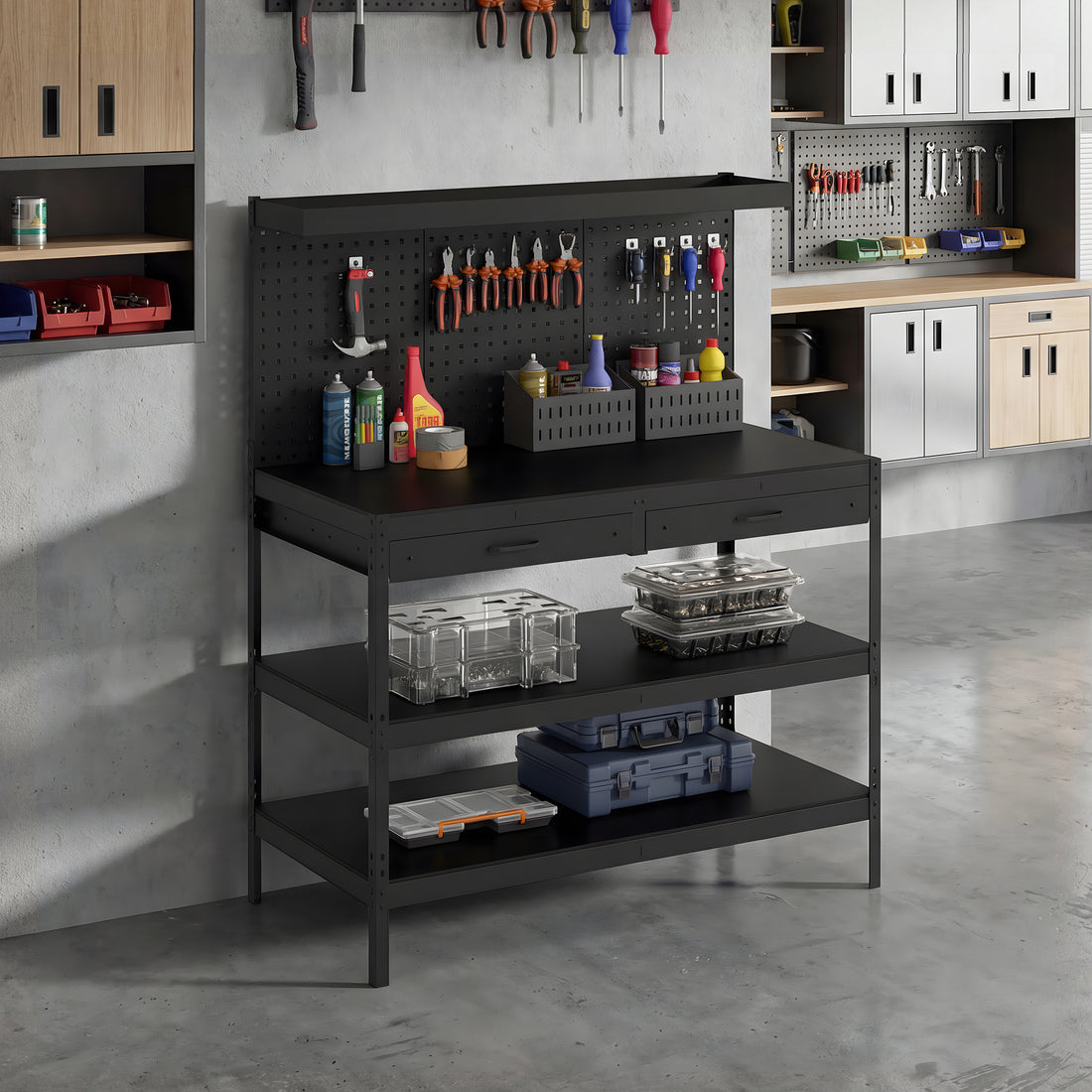 Werkbank met verstelbare planken en gereedschapswand | Kleur: Zwart | Afmetingen: 122x61x156 cm