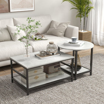 Set van 2 salontafels - Marmerlook | Kleur: Wit | Afmetingen: 54x80x41/60x60x51 cm