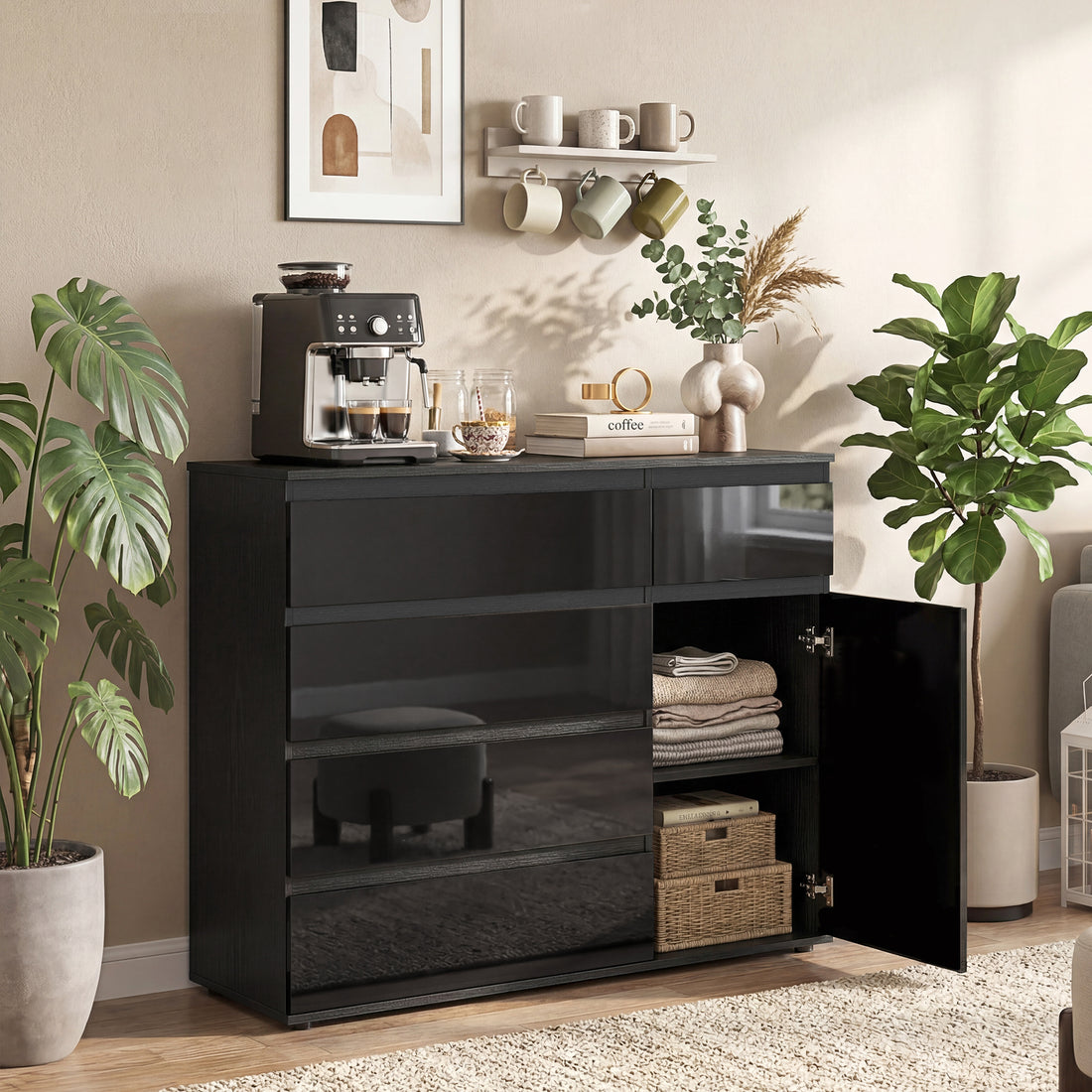 Modernt sideboard med 5 lådor och skåp - Högglans svart | Färg: Svart | Mått: 100x40x80 cm