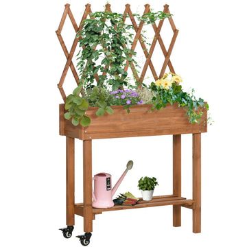 Mobiele verhoogde plantenbak met trellis | Kleur: Bruin | Afmetingen: 79x29x130 cm
