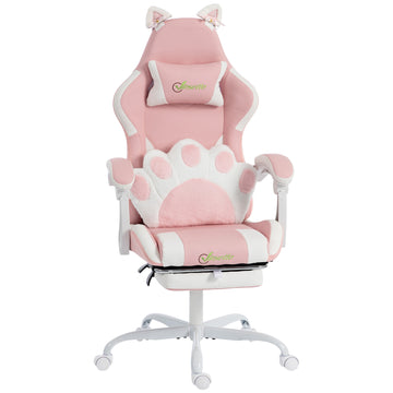 Gamingstoel kattenoren met voetsteun | Kleur: Roze | Afmetingen: 63,5x53x118-128 cm