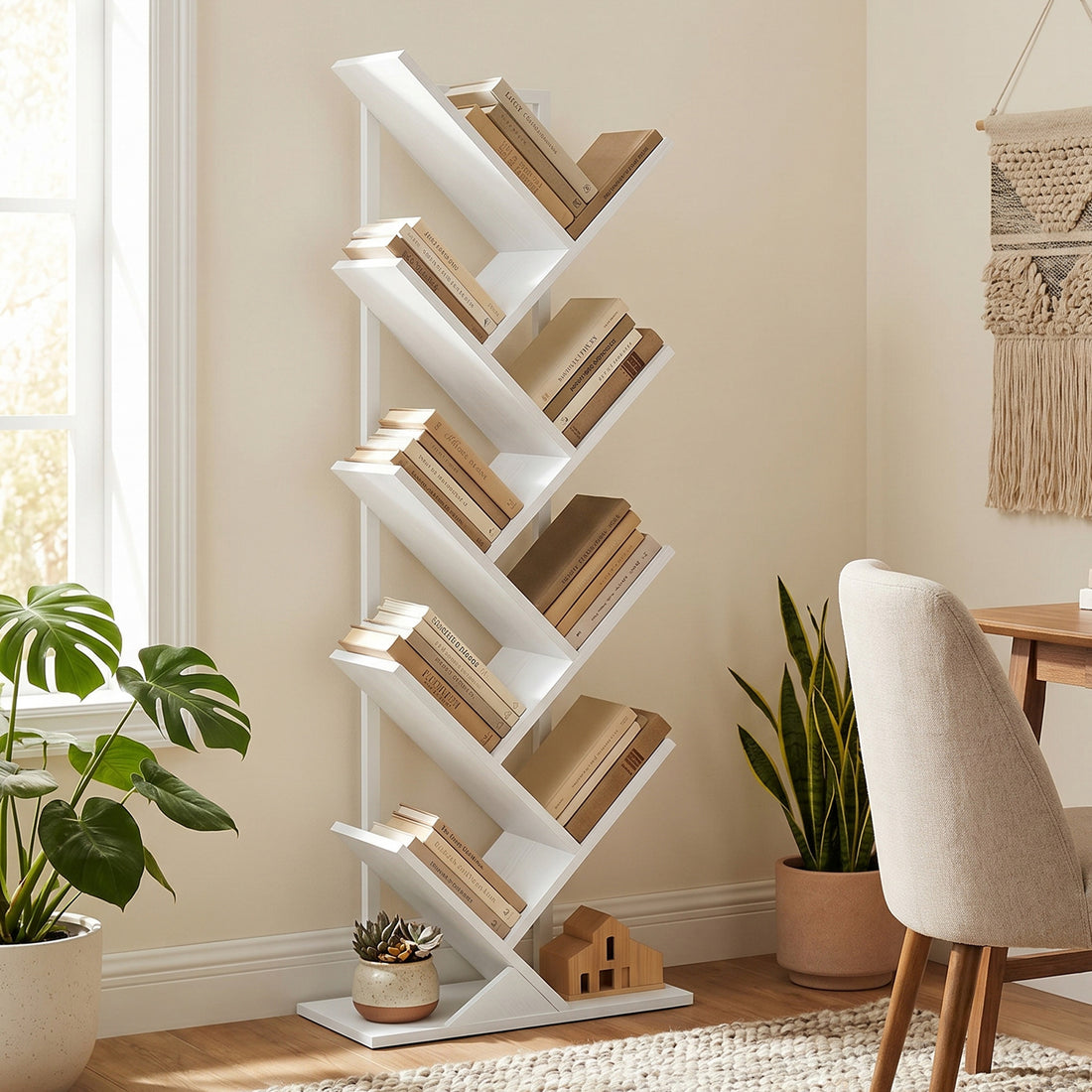 Baumförmiges Bücherregal mit 9 Ebenen | Farbe: Weiß | Abmessungen: 50x24x136 cm