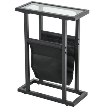 Metalen bijzettafel met stoffen tas en glazen blad | Kleur: Zwart | Afmetingen: 40x18x55,5 cm