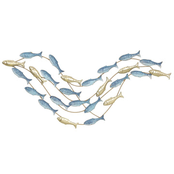 Metalen vis wanddecoratie | Kleur: Blauw en goud | Afmetingen: 99.7x3.8x50.2 cm
