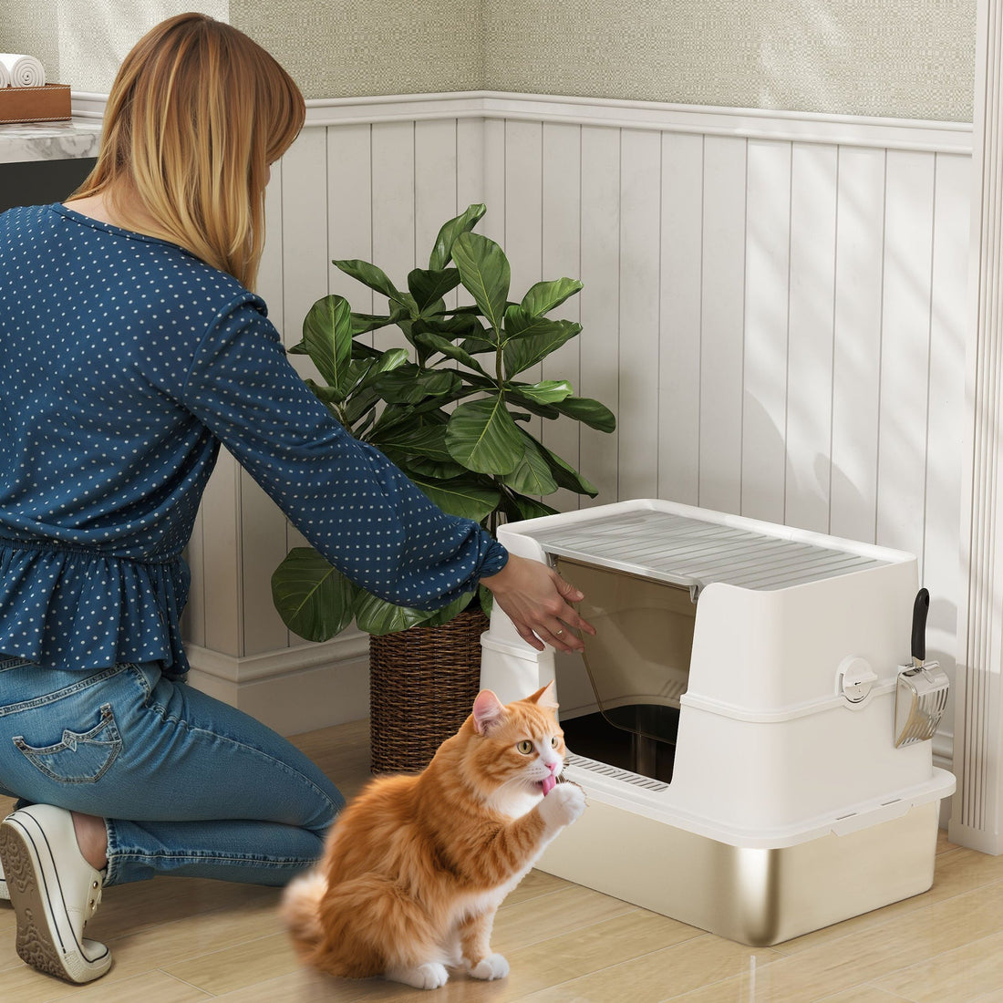XL kattenbak van RVS met schep | Kleur: Grijs | Afmetingen: 40.2x60.2x44.5 cm