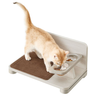 Kattenvoerstation - verhoogde voerbakstandaard - spaanplaat en grenen - 46,6 x 28 x 25,3 cm