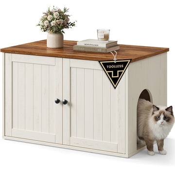 Kattenbakkast met druk-open deuren | Vintagewit-honingbruin | 80x50x50 cm