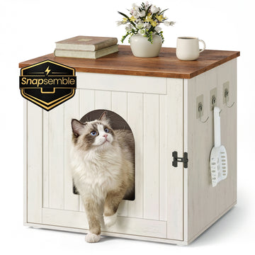 Kattenbakmeubel met dubbele sluiting en haken | Vintagewit-honingbruin | 55x50x50 cm
