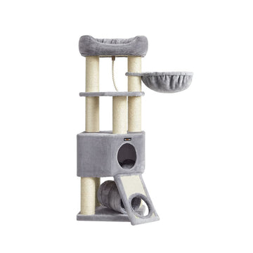 Kattenboom met krabpaal, tunnel en kattenbak, sisal, pluche, greige, 80 x 53 x 49,2 cm