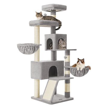 Krabpaal 174 cm met groot platform en dubbele kattenholte | Duifgrijs | 55x55x174 cm