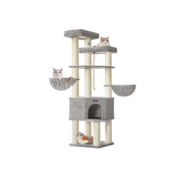 Grote krabpaal voor grote katten - klimtoren - speelhuis - FSC - grijs-wit - 55 x 55 x 186,7 cm