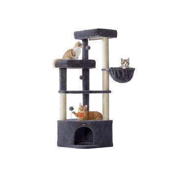 Kattenboom met krabpaal, kattenhuis, sisal, grijs, 3 speelplekken, 48,5 x 48,5 x 140,7 cm
