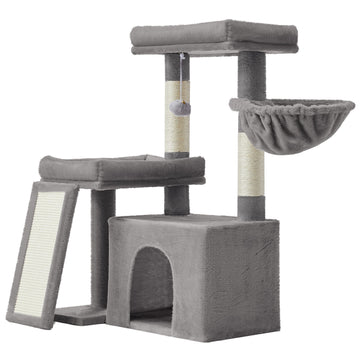Kattenkrabpaal met huisje, helling en mandje, 2 platforms | Lichtgrijs | 58,9x92,5x85,8 cm
