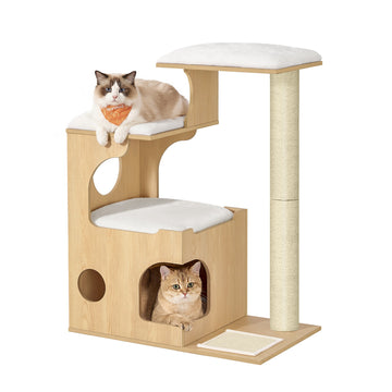 Krabpaal 88 cm met kattenhuisje en sisalmat | Amandelgeel | 66x42x88 cm