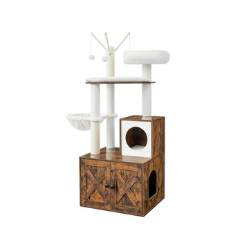 Kattenboom met krabpaal en kattenbakmeubel, hol, sisal, vintagebruin, 57,5 x 50 x 140 cm