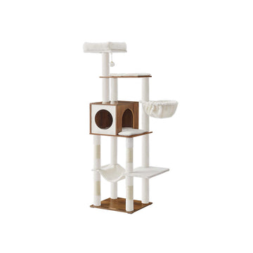 Kattenkrabpaal - Klimboom - Activiteitencentrum - Wit/bruin, sisal & hout - 45 x 40 x 165 cm