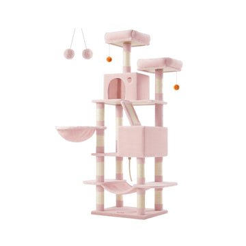 Kattenkrabpaal met meerdere niveaus - Spaanplaat, pluche, sisal - 55 x 45 x 168 cm - Roze
