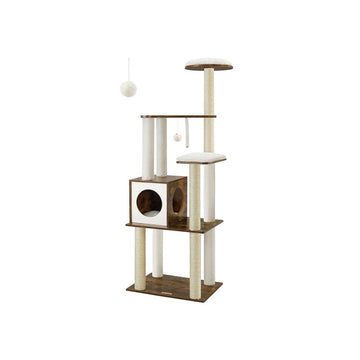 Kattenkrabpaal met kattenhuis, speeltje en kussens, vintagebruin, 58 x 40 x 165 cm