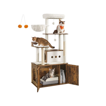 Krabpaal met kattenbakmeubel, kattentoren, wit/bruin, 80 x 49 x 170 cm