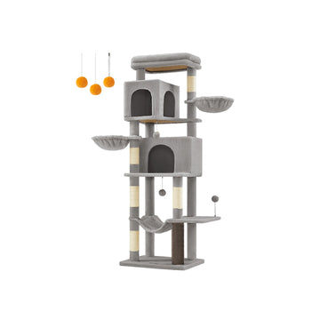 Grijze kattenkrabpaal met speelhuis - sisaltouw - spaanplaat - 57 x 45 x 175 cm