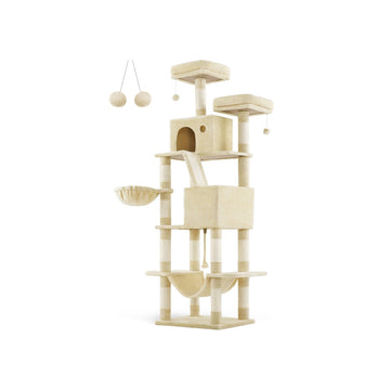 Grote beige krabpaal - kattenboom met meerdere niveaus - spaanplaat, pluche, sisal